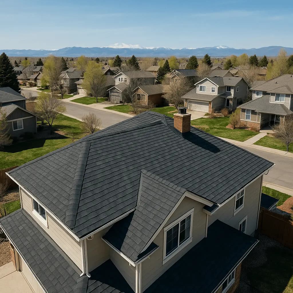 Aerial view of residential roofs with mountains in background